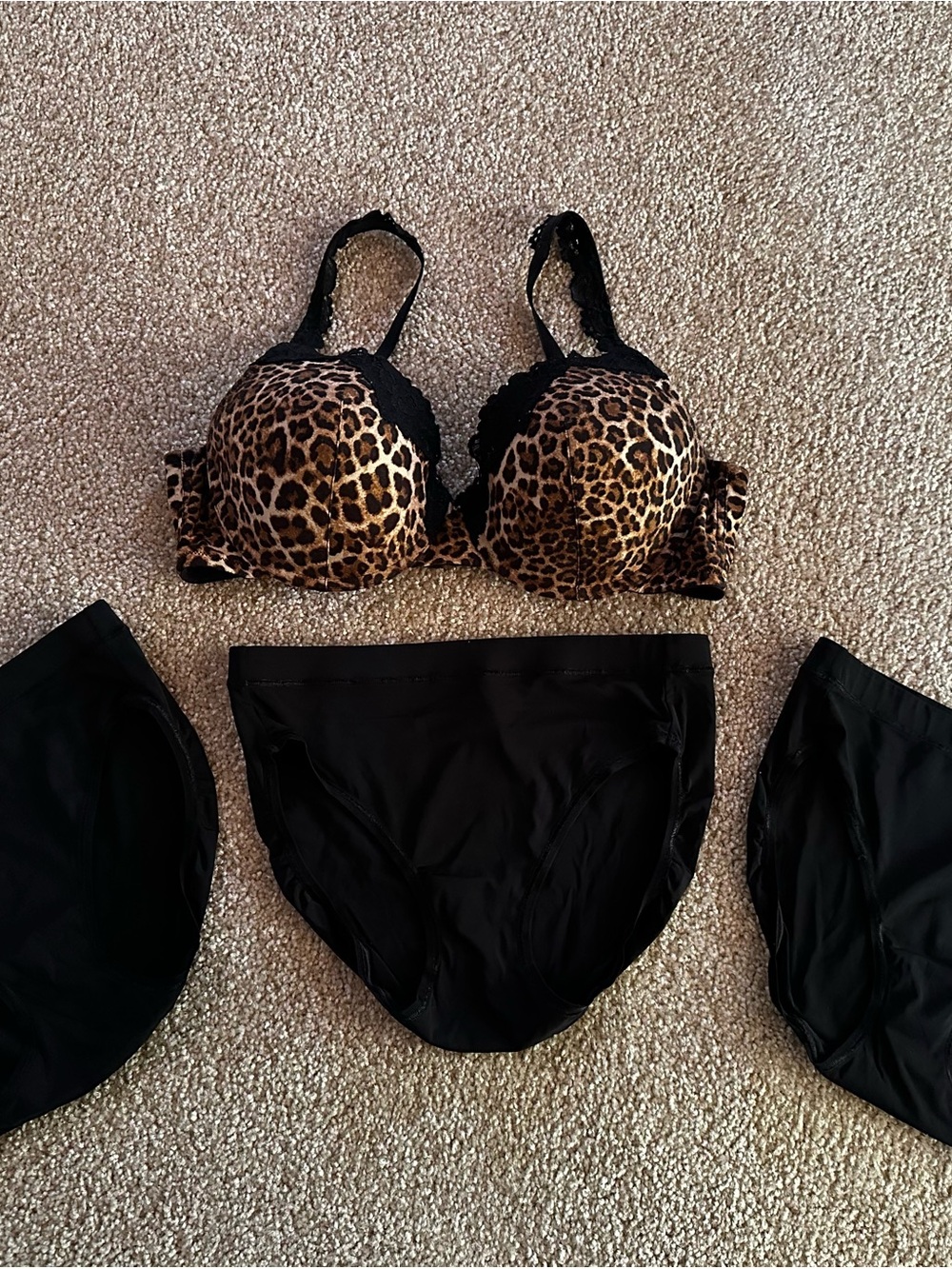 Soma 36D Leopard Print Bra with Black Lace Trim and 3 Black High Cut Briefs Set